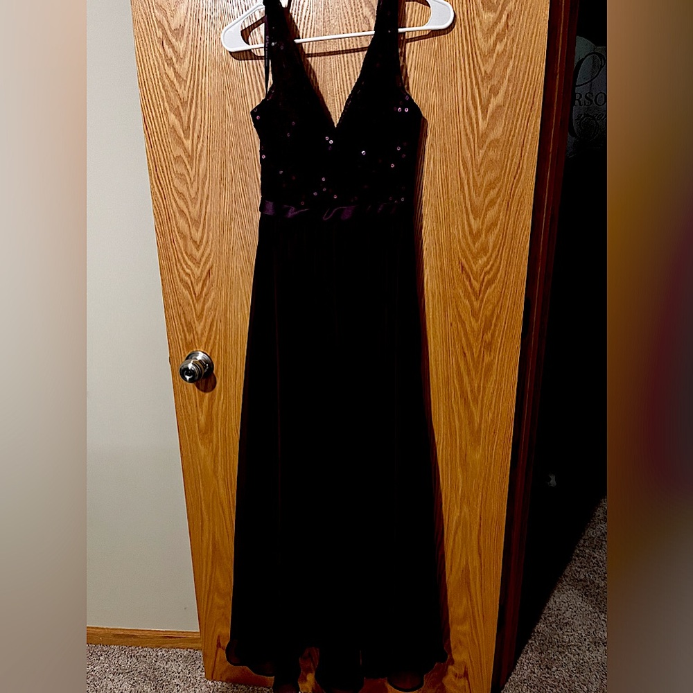 Mori Lee Eggplant bridesmaids dress.